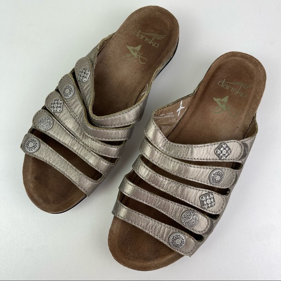Dansko Shoes Dansko Pewter Metallic Strappy Slip On Sandals Chunky